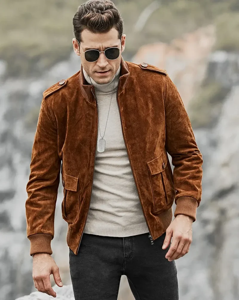 Dallas-Mens-Stand-Rib-Collar-Brown-Bomber-Suede-Leather-Jacket-1