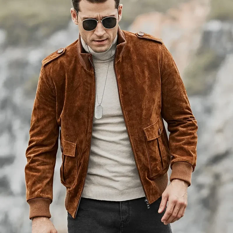 Dallas-Mens-Stand-Rib-Collar-Brown-Bomber-Suede-Leather-Jacket-1