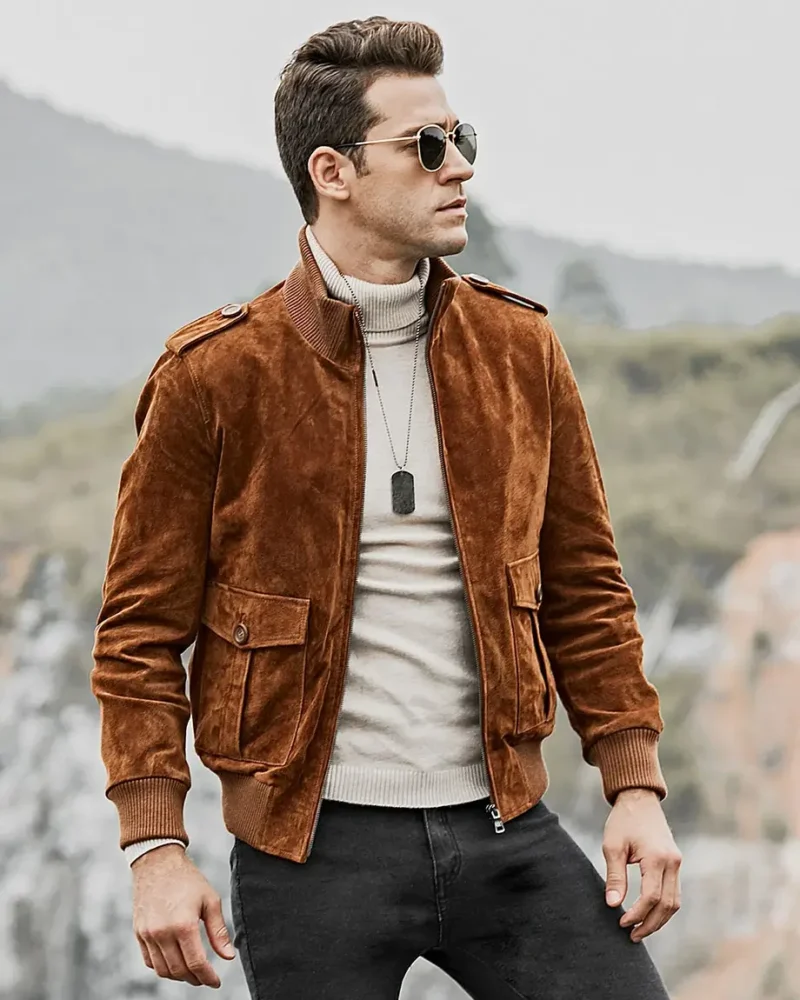 Dallas-Mens-Stand-Rib-Collar-Brown-Bomber-Suede-Leather-Jacket-4