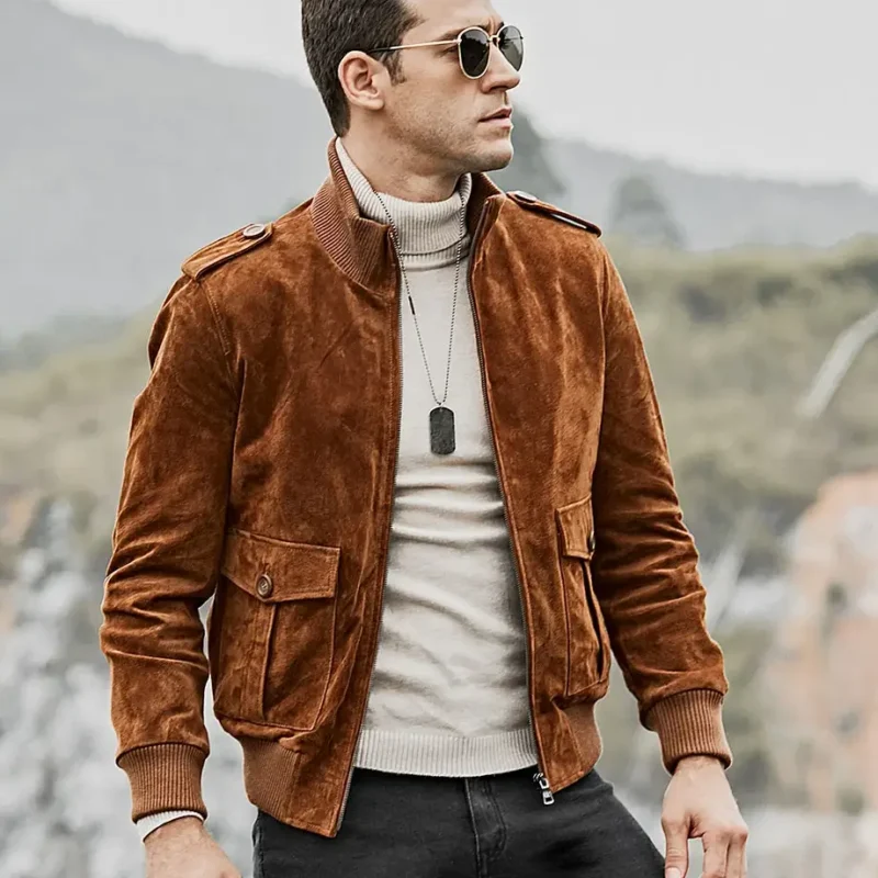 Dallas-Mens-Stand-Rib-Collar-Brown-Bomber-Suede-Leather-Jacket-4