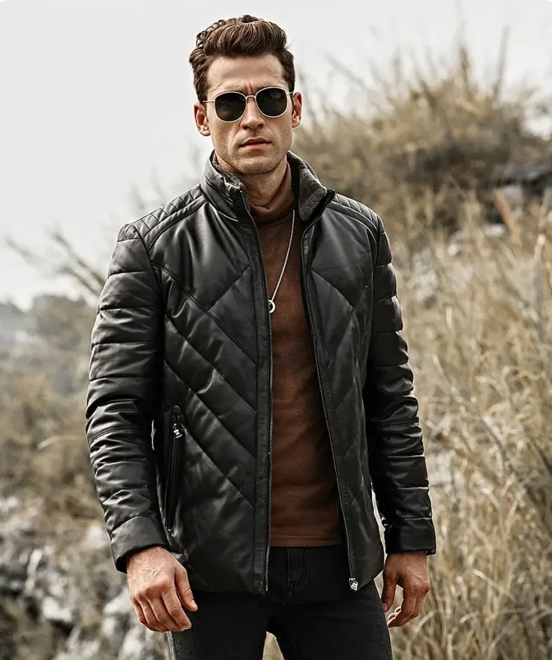 Houston-Mens-Puffer-Real-Leather-Jacket-Stand-Fur-Collar-2