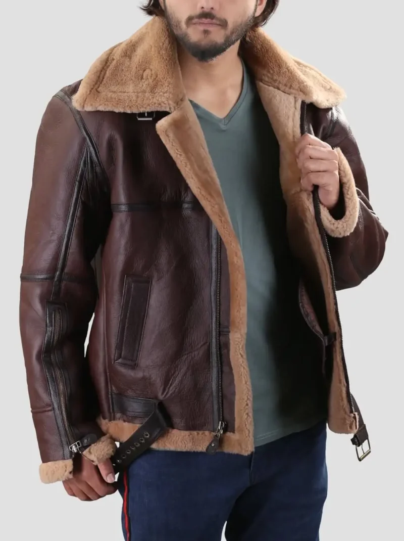 Mens-B3-Bomber-Sheep-Skin-Shearling-Leather-Jacket-side-pose