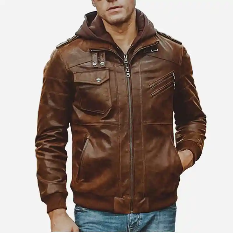 Mens-Brown-Motorcycle-Bomber-Leather-Jacket-with-Removable-Hood