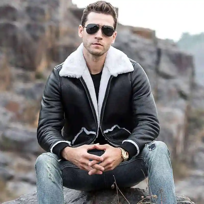 Mens-Genuine-Shearling-Black-Leather-Jacket-with-Rib-Cuff-Jacket-0001