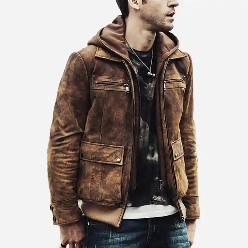 Mens-distressed-brown-leather-bomber-jacket