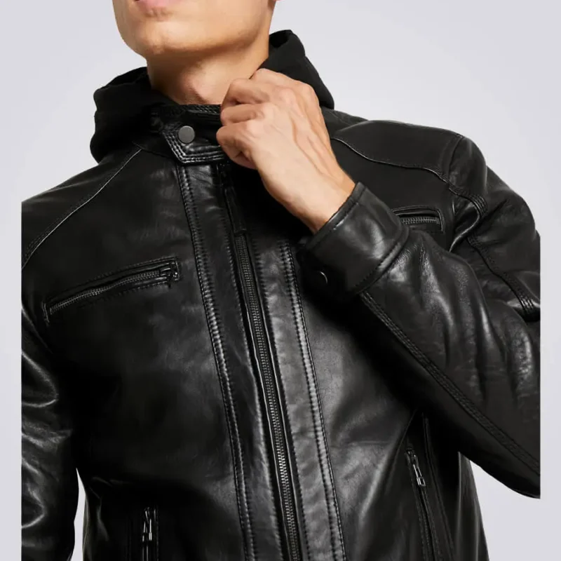 Nils-Black-Hooded-Biker-Jacket-closeup