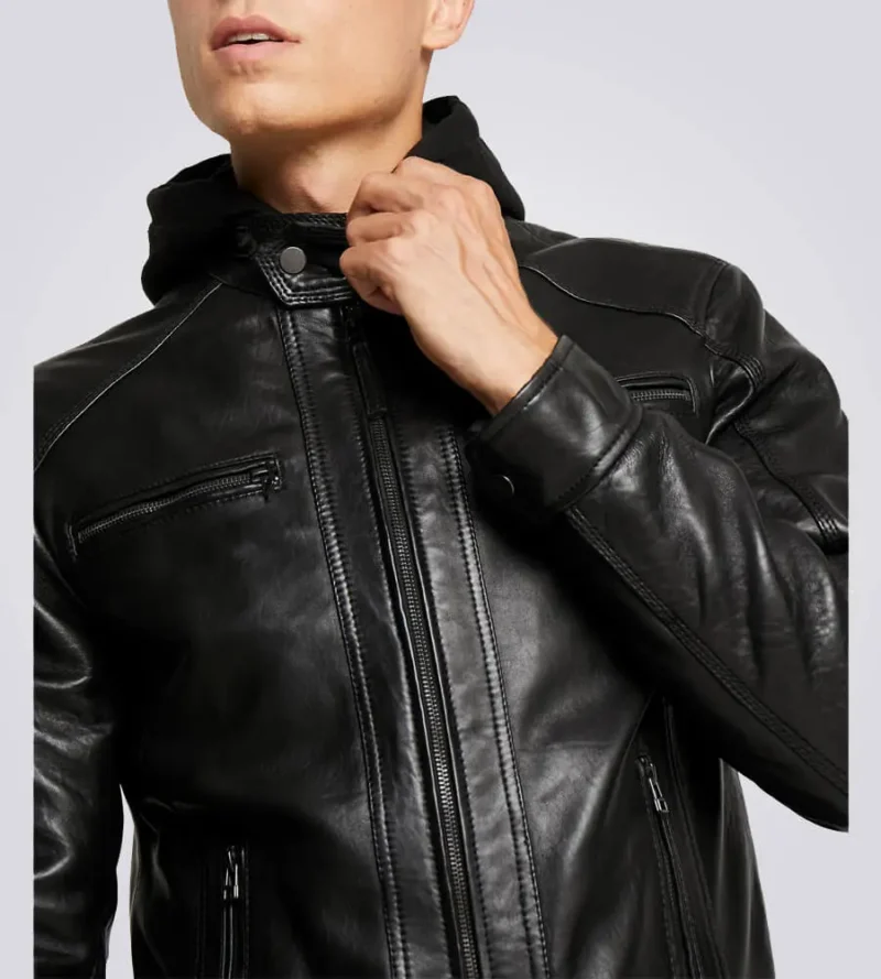 Nils-Black-Hooded-Biker-Jacket-closeup