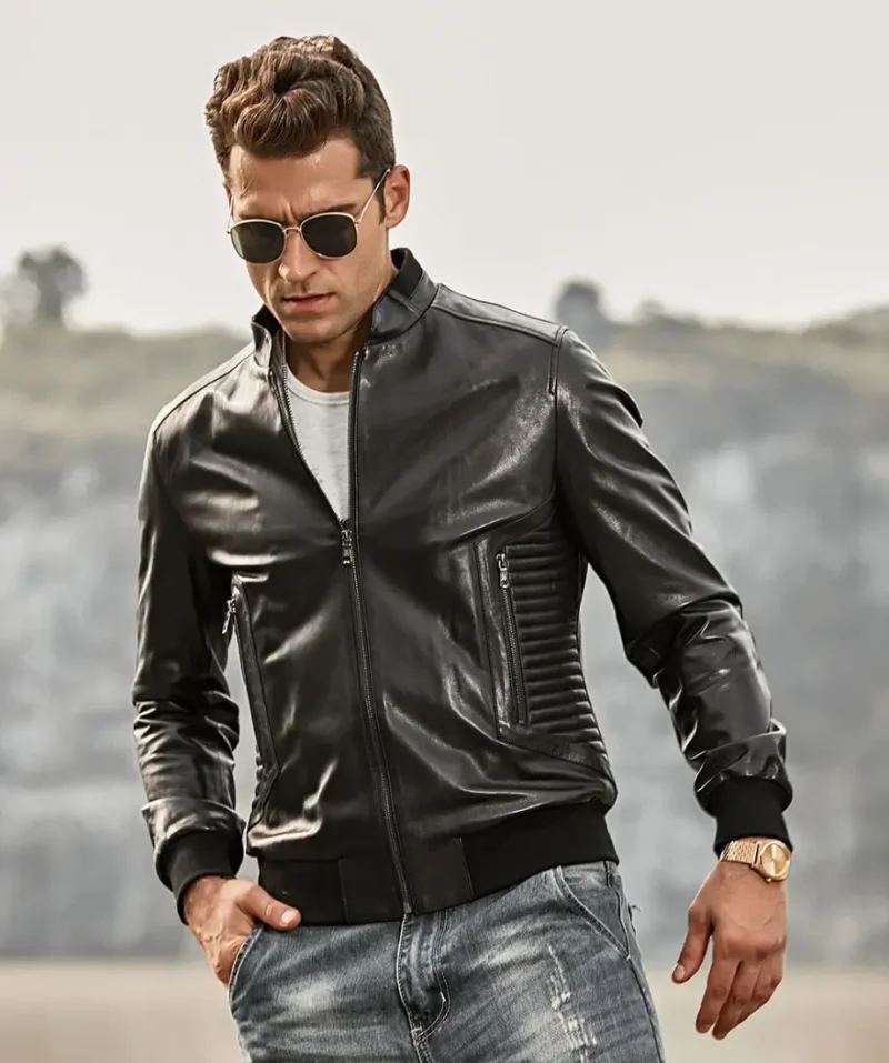 Tucson-Mens-Stand-collar-Real-Leather-Moto-Jacket-Knit-Trim-1