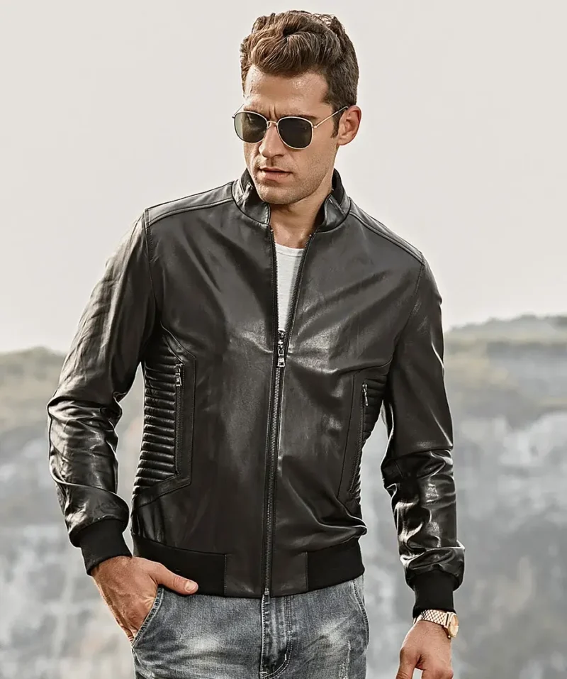 Tucson-Mens-Stand-collar-Real-Leather-Moto-Jacket-Knit-Trim-4