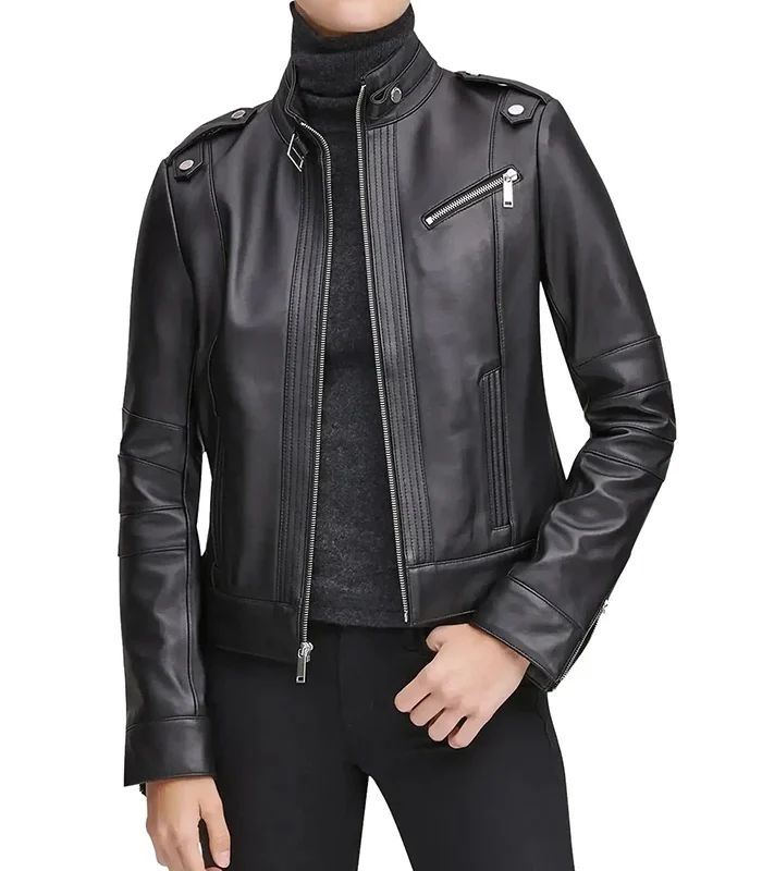 Black Stand Collar Biker Leather Jacket