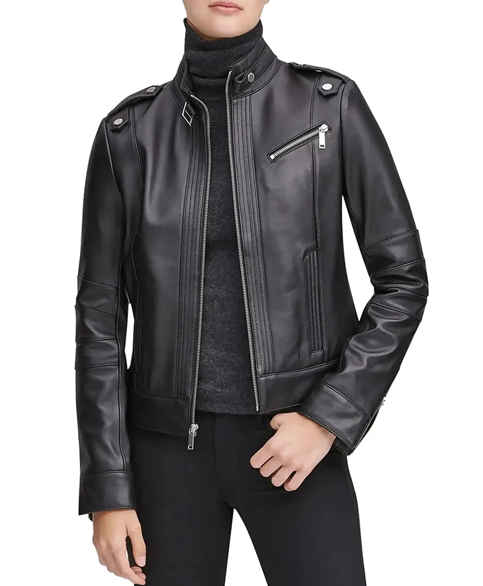 Black Stand Collar Biker Leather Jacket