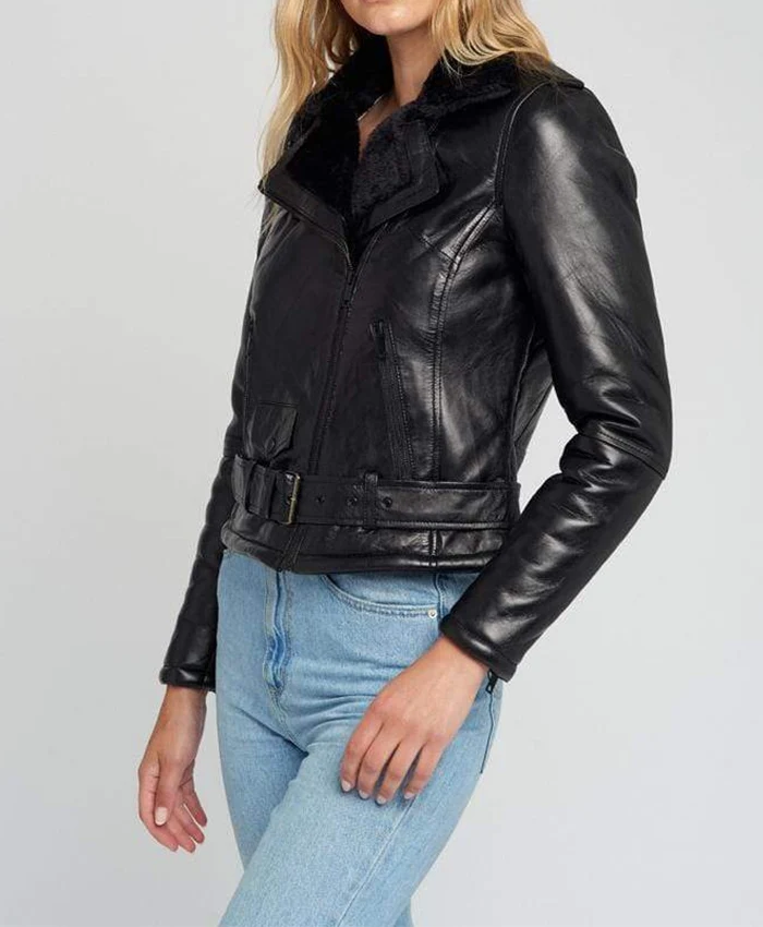 Buy Ave Fur Black Biker Leather Jacket