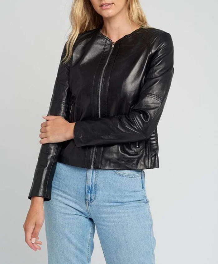 Buy Classic Black Crew Neck Leather Jacket