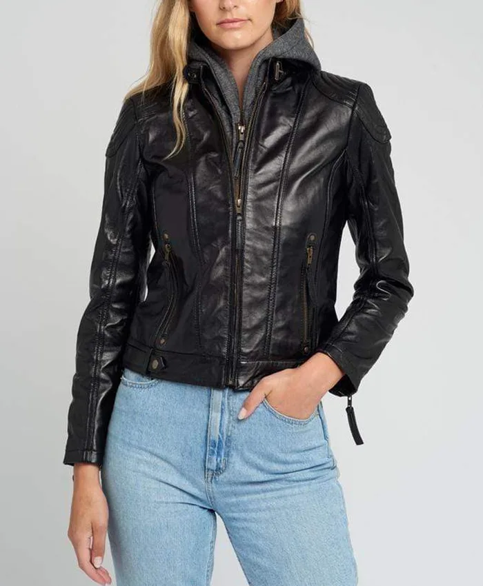 Buy Eliza Removable Hooded Black Leather Jacket