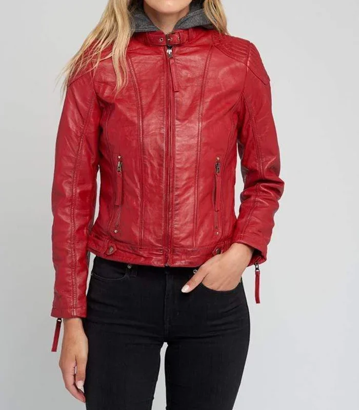 Buy Eliza Removable Hooded Red Leather Jacket