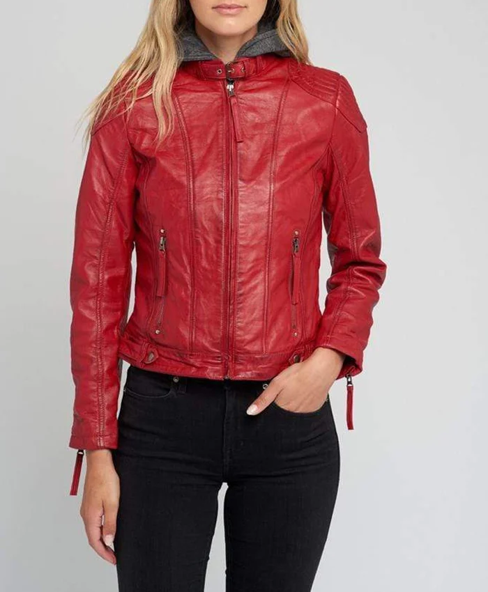 Buy Eliza Removable Hooded Red Leather Jacket