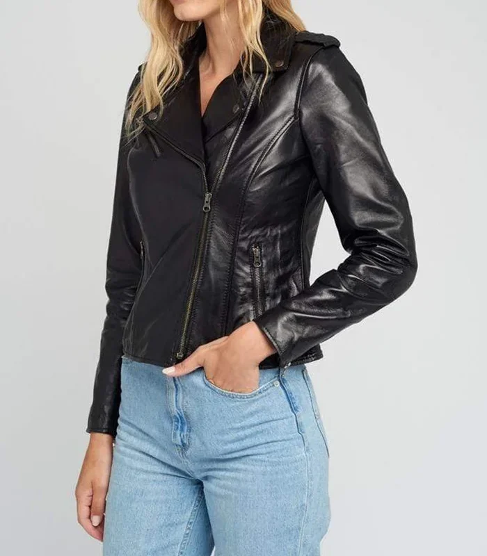 Buy Ella Asymmetrical Notch Collar Womens Biker Leather Jacket