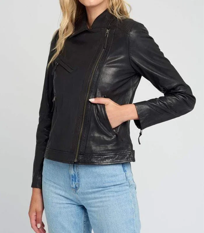 Buy Eve Black Vintage Lapel Collar Leather Jacket