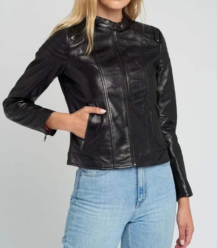 Buy Hayley Quilted Black Cafe Racer Leather Jacket