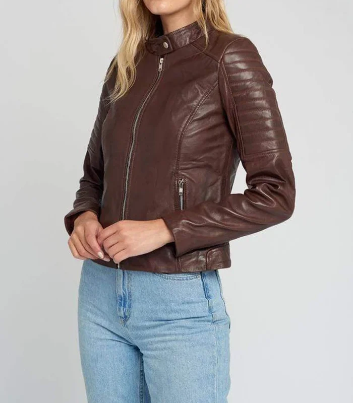 Buy Hayley Quilted Brown Cafe Racer Leather Jacket