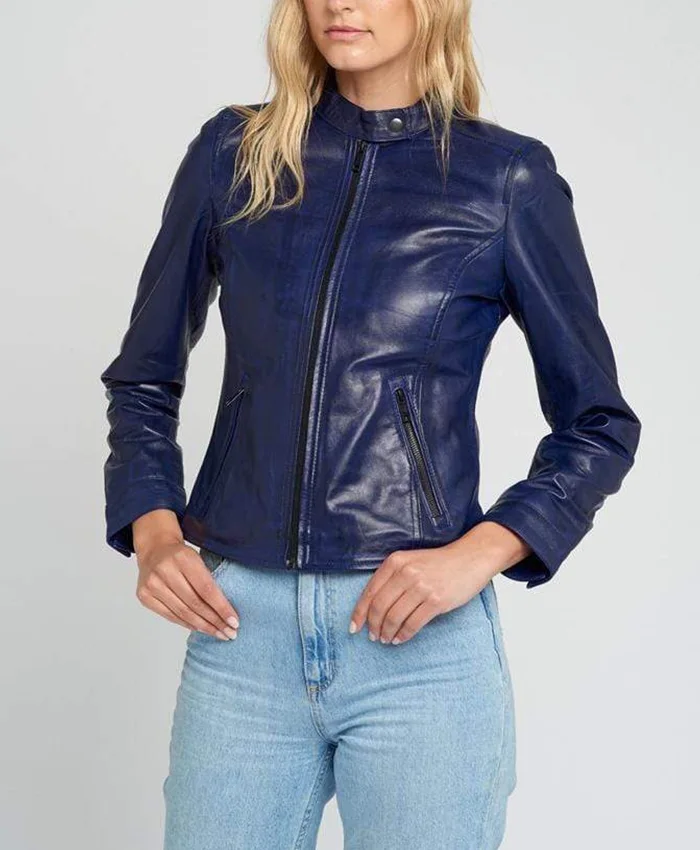 Buy Jessy Stand Collar Blue Cafe Racer Leather Jacket