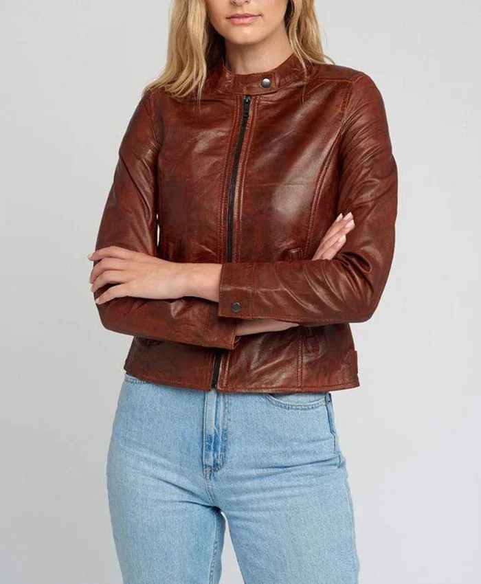 Buy Jessy Stand Collar Brown Cafe Race Leather Jacket