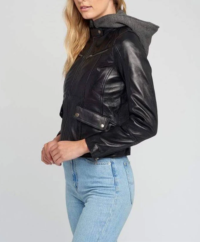 Buy Kendra Cafe Racer Hooded Black Leather Jacket