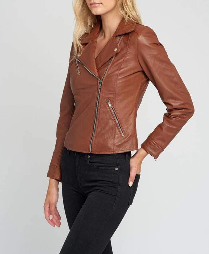 Buy Liza Notch Collar Brown Leather Jacket