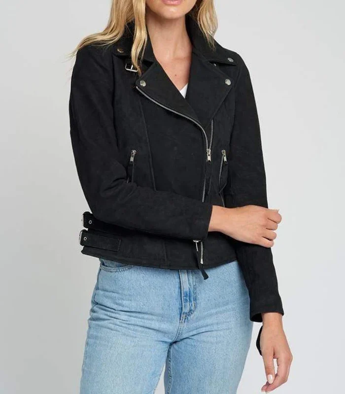 Buy Liza Suede Notch Collar Black Leather Jacket