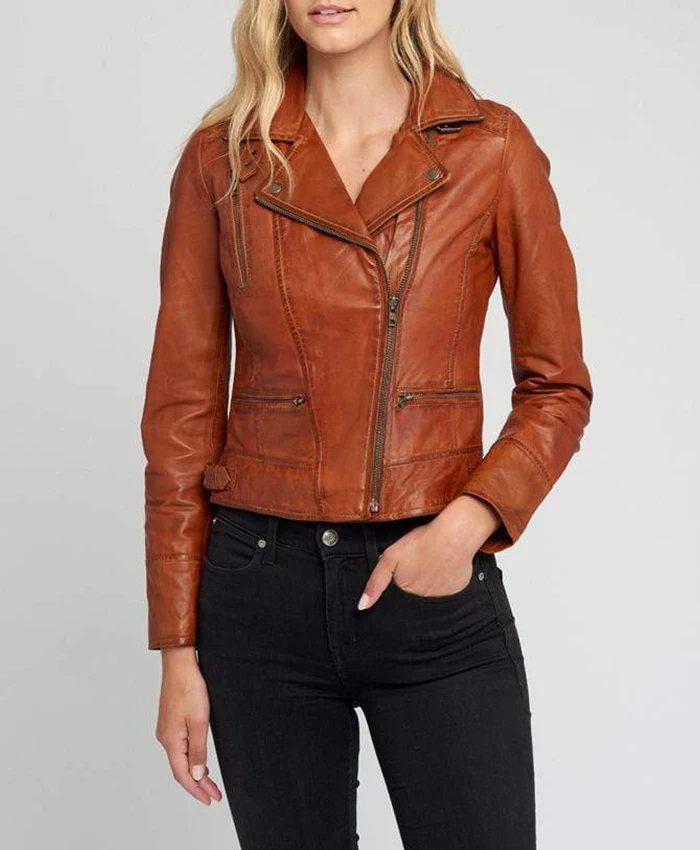 Buy Monica Ladies Tanned Asymmetrical Moto Brown Leather Jacket