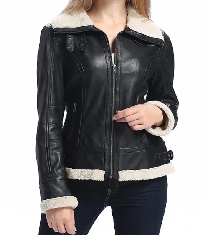 Buy Women B3 Bomber Black Shearling Leather Jacket