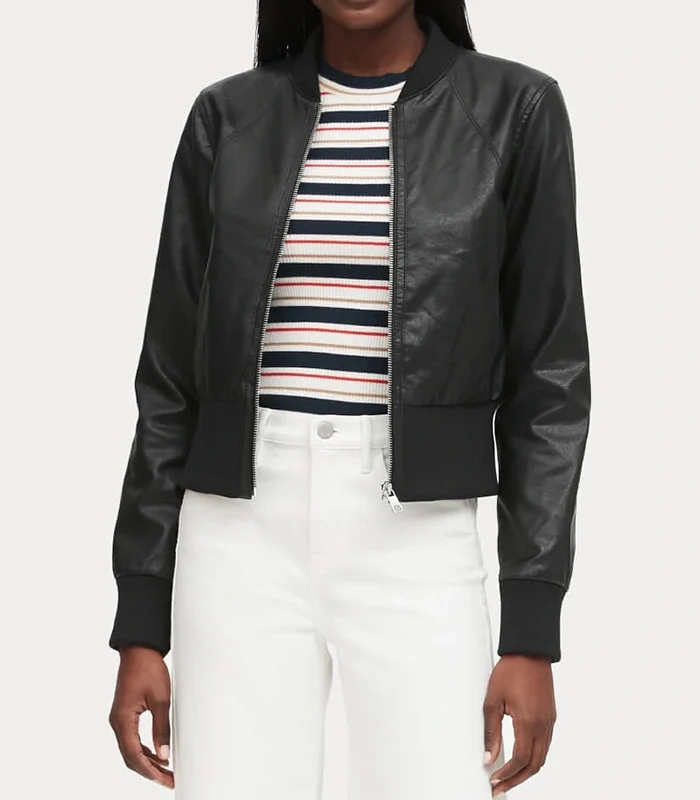 Buy Women Cropped Black Bomber Leather Jacket