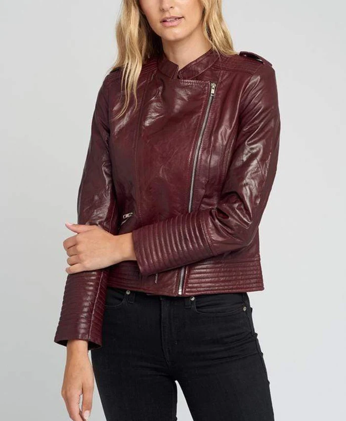 Buy Womens Asymmetric Dark Maroon Cafe Racer Leather Jacket