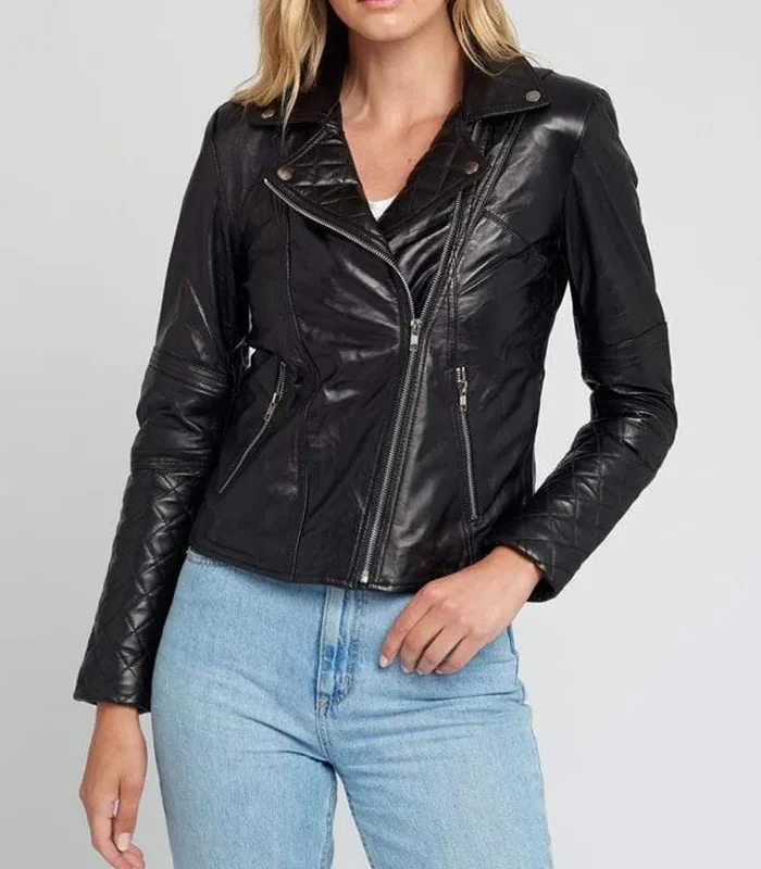 Buy Womens Asymmetrical Black Quilted Moto Leather Jacket