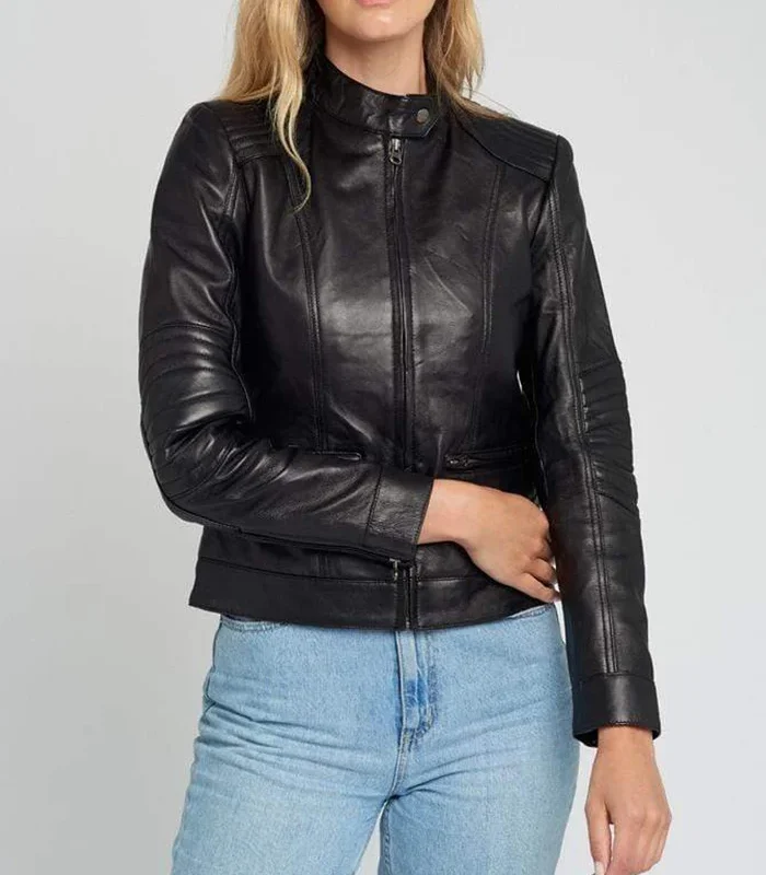 Buy Womens Cafe Racer Quilted Shoulder Black Leather Jacket