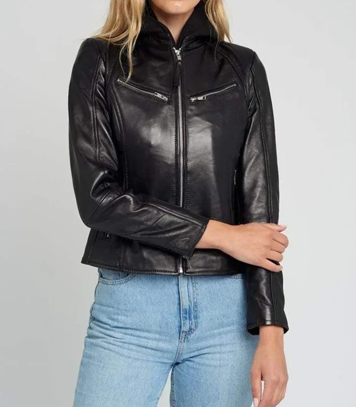 Buy Womens Callie Hooded Black Leather Jacket