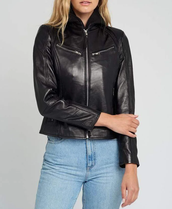 Buy Womens Callie Hooded Black Leather Jacket