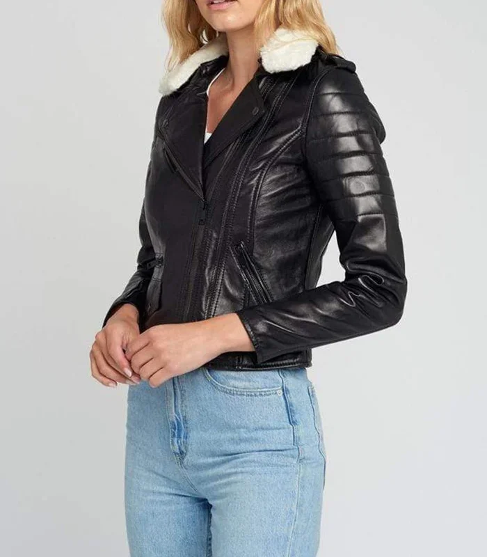 Buy Womens Fur Collar White Shearling Biker Leather Jacket