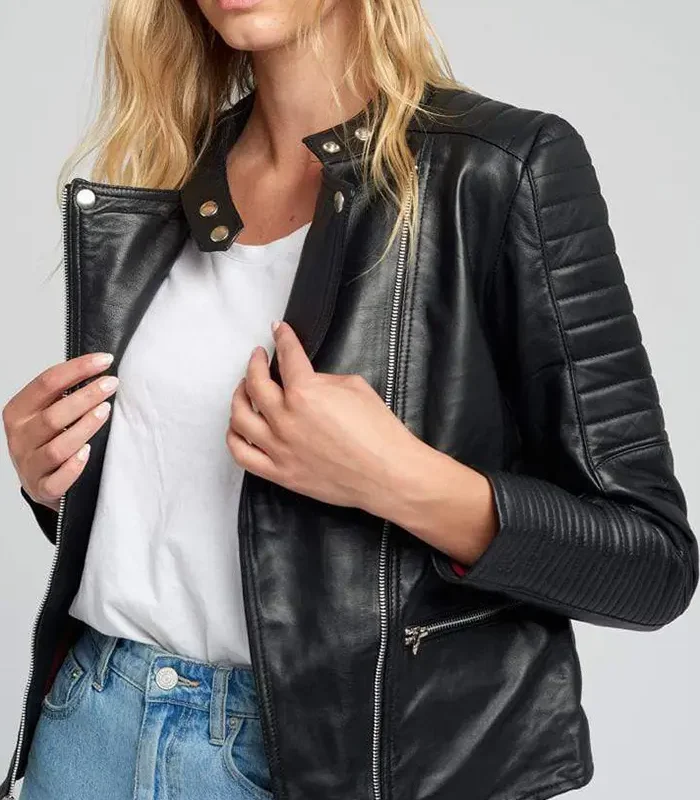 Buy Womens Quilted Standing Collar Black Leather Jacket