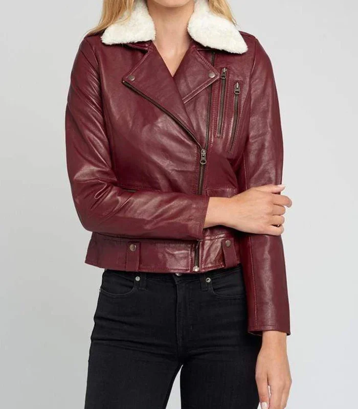 Buy Womens Shearling Fur Collar Maroon Biker Leather Jacket