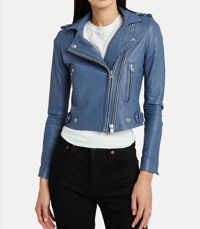 Buy Womens Slim Fit Blue Biker Leather Jacket