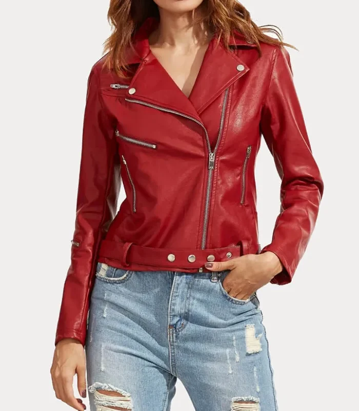 Buy Womens Slim Fit Red Biker Leather Jacket