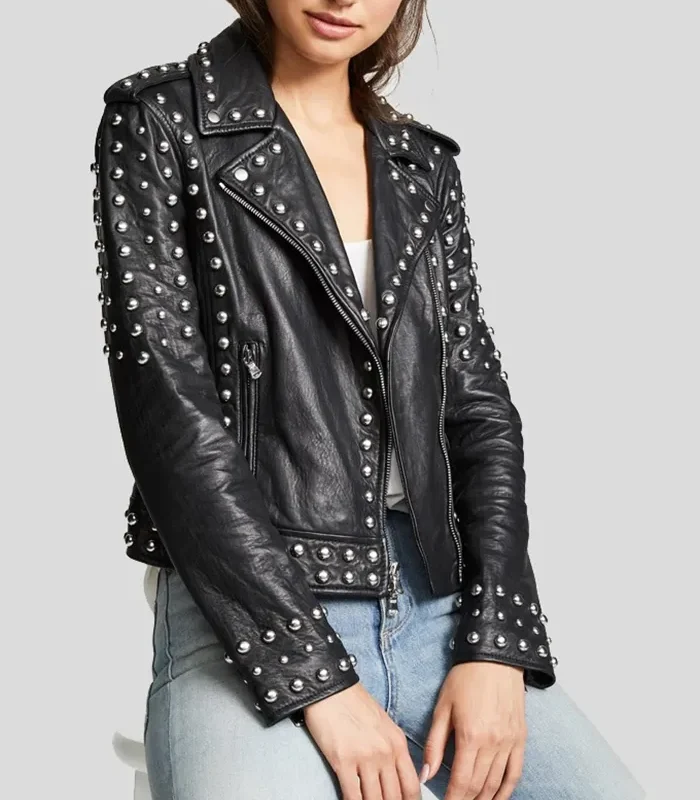 Buy Womens Studded Black Biker Leather Jacket