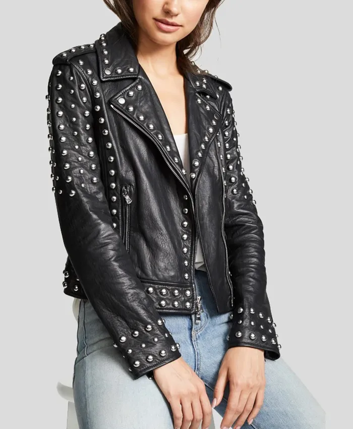 Buy Womens Studded Black Biker Leather Jacket