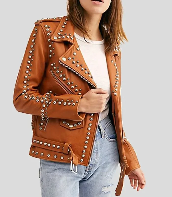 Buy Womens Studded Tan Biker Leather Jacket