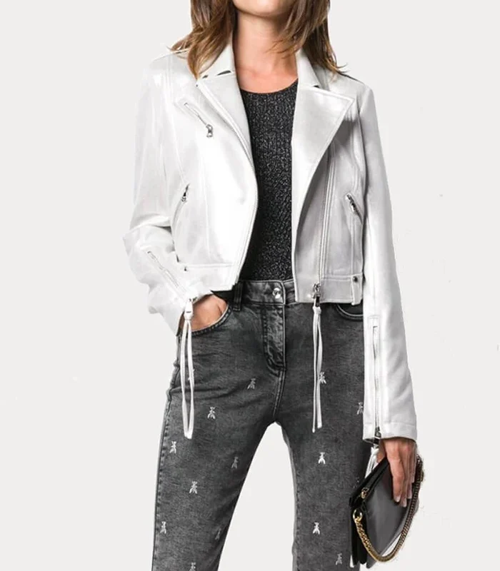 Buy Womens White Metallic Biker Leather Jacket