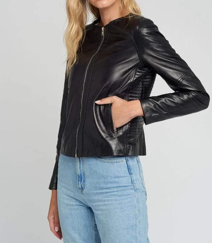 Classic Black Crew Neck Leather Jacket