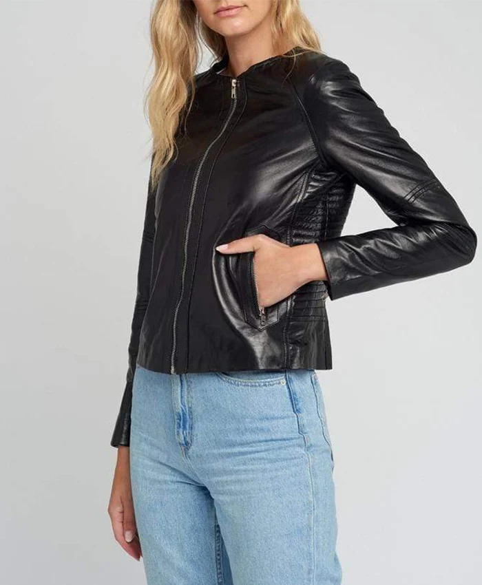 Classic Black Crew Neck Leather Jacket