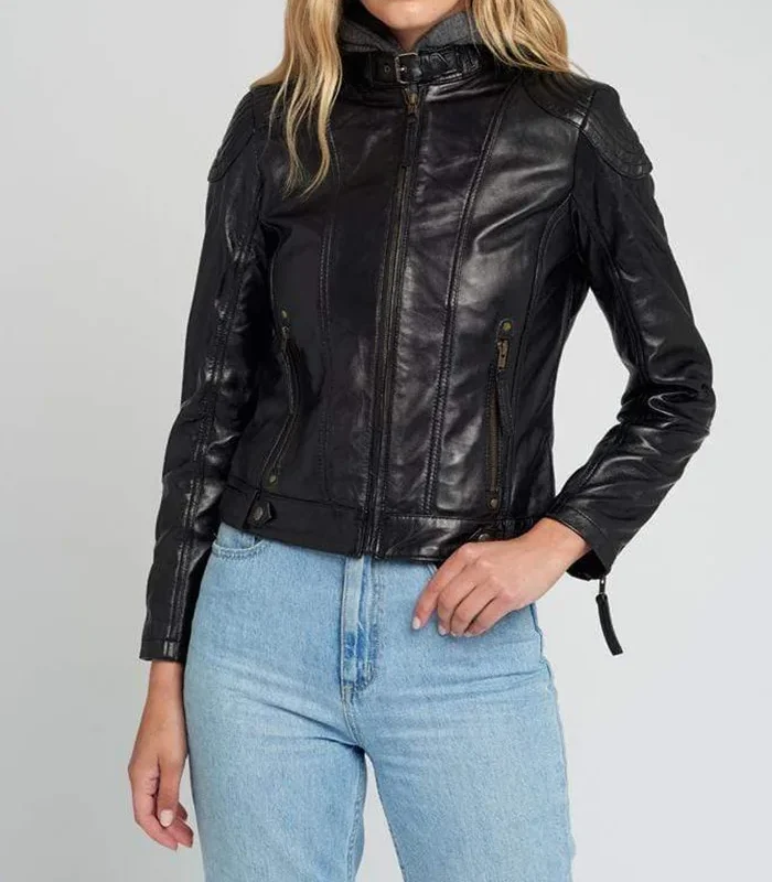 Eliza Removable Hooded Black Leather Jacket