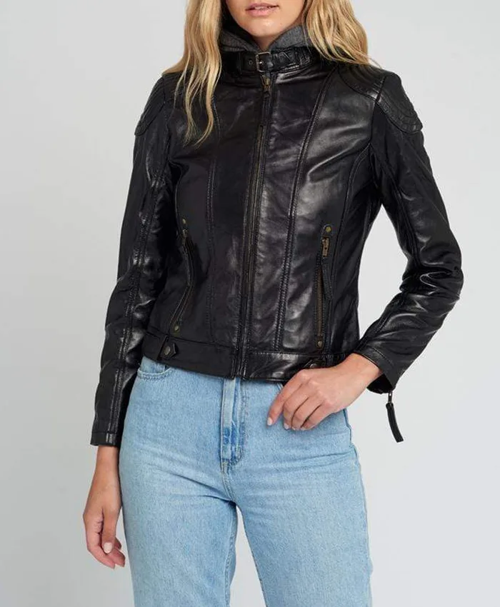 Eliza Removable Hooded Black Leather Jacket